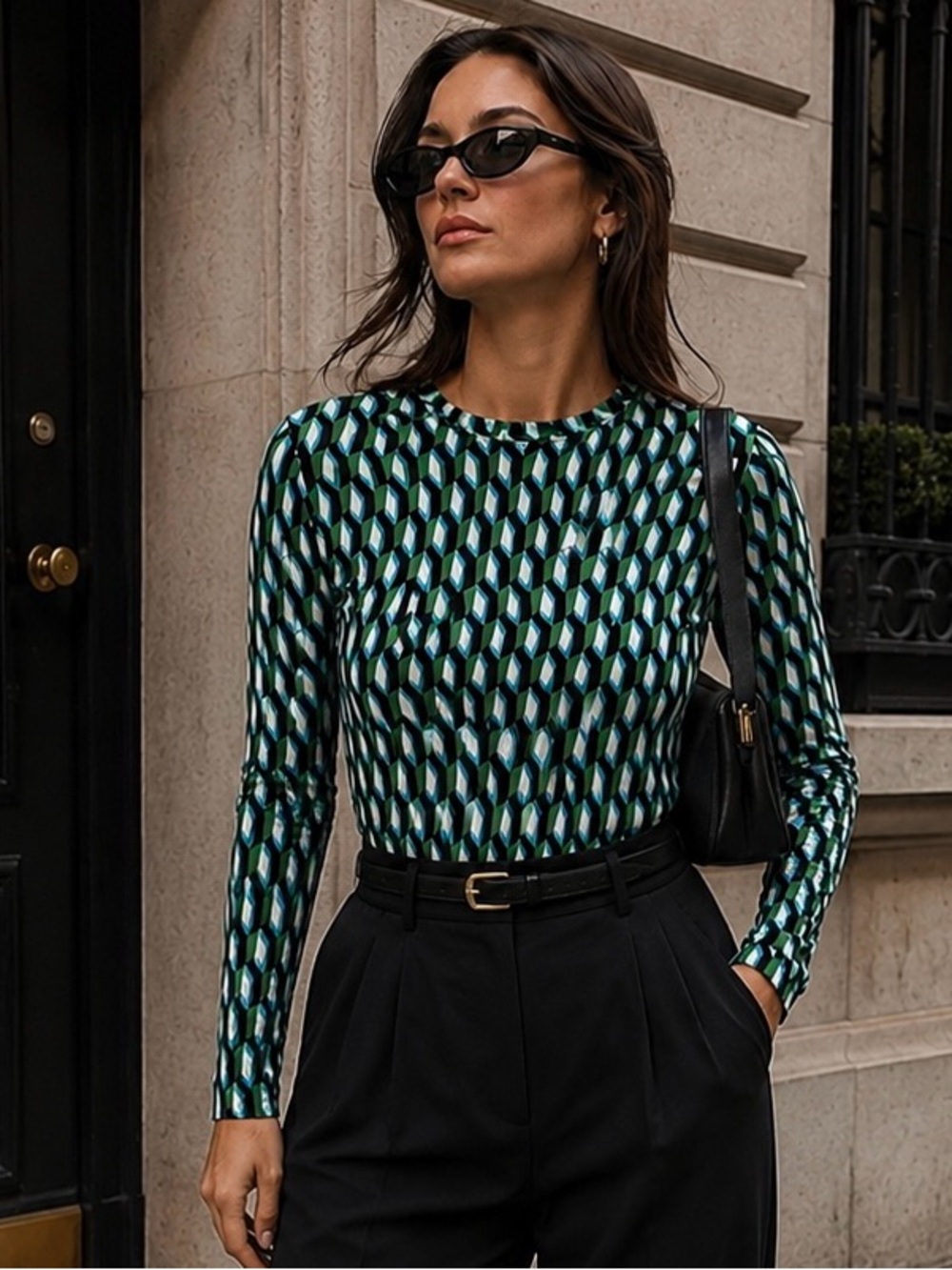 Diane Von Furstenberg Emerald Green Geometric Long Sleeve Top